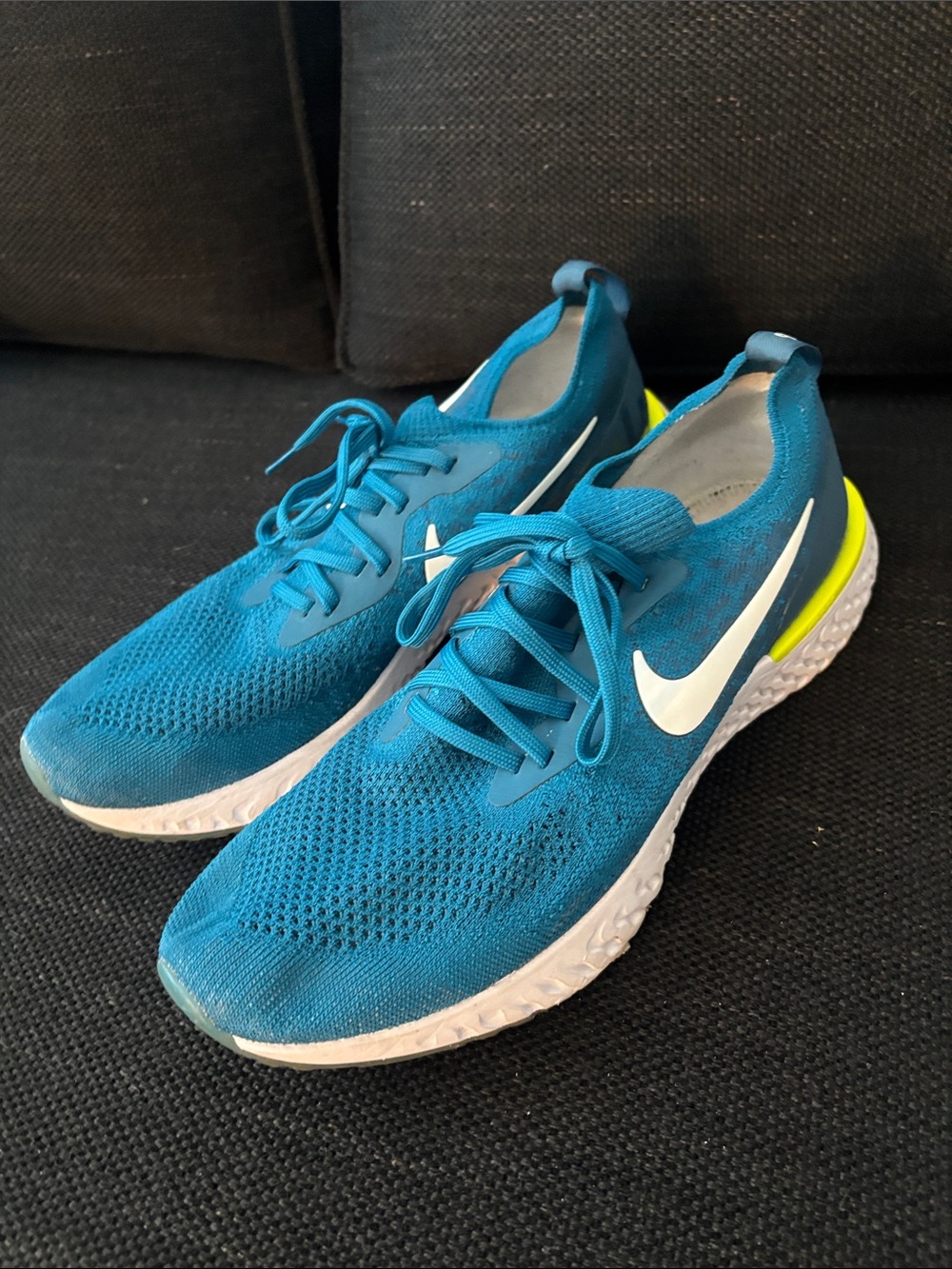 Nike Blue Knit Running Sneakers with White Swoosh and Neon Yellow Accent